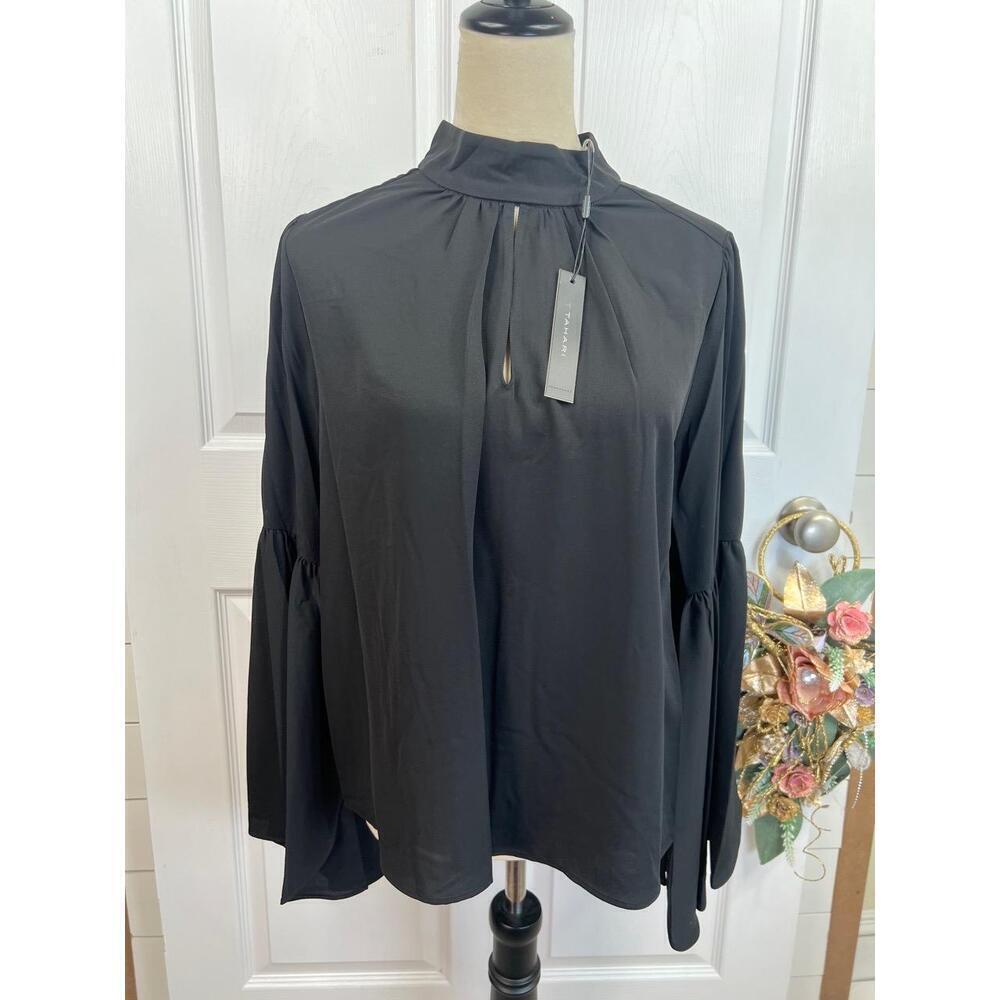 T Tahari Blouse Womens Size S Black Mock Neck Keyhole Large Bell Sleeve Chic